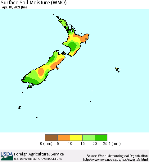New Zealand Surface Soil Moisture (WMO) Thematic Map For 4/12/2021 - 4/18/2021