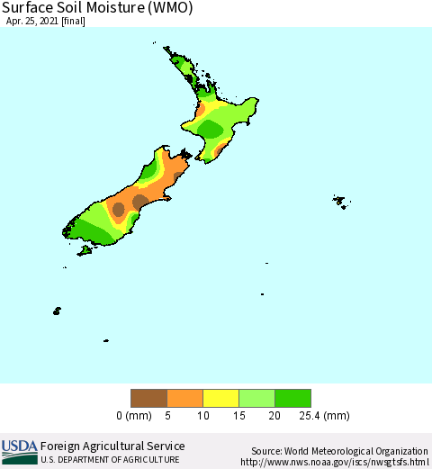 New Zealand Surface Soil Moisture (WMO) Thematic Map For 4/19/2021 - 4/25/2021