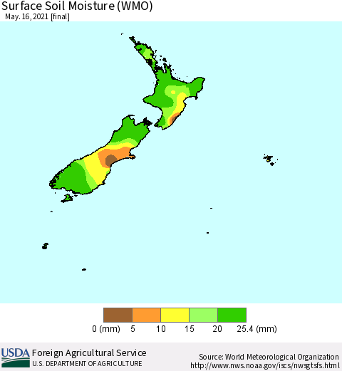New Zealand Surface Soil Moisture (WMO) Thematic Map For 5/10/2021 - 5/16/2021
