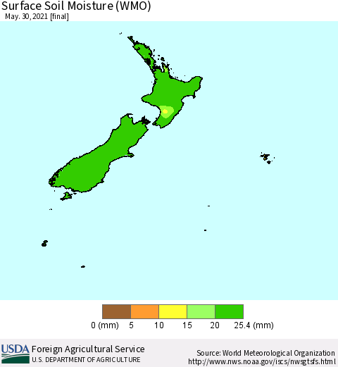 New Zealand Surface Soil Moisture (WMO) Thematic Map For 5/24/2021 - 5/30/2021