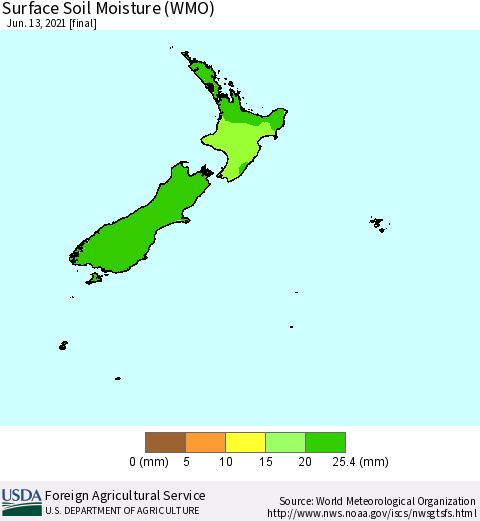 New Zealand Surface Soil Moisture (WMO) Thematic Map For 6/7/2021 - 6/13/2021