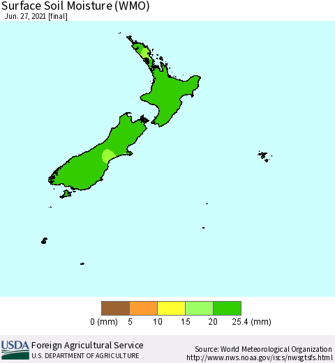 New Zealand Surface Soil Moisture (WMO) Thematic Map For 6/21/2021 - 6/27/2021