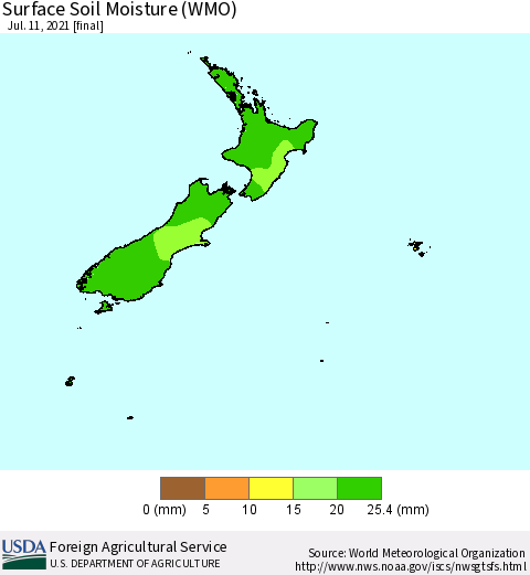 New Zealand Surface Soil Moisture (WMO) Thematic Map For 7/5/2021 - 7/11/2021