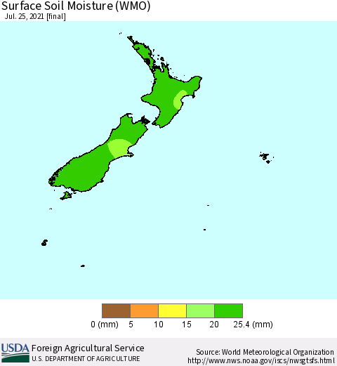 New Zealand Surface Soil Moisture (WMO) Thematic Map For 7/19/2021 - 7/25/2021