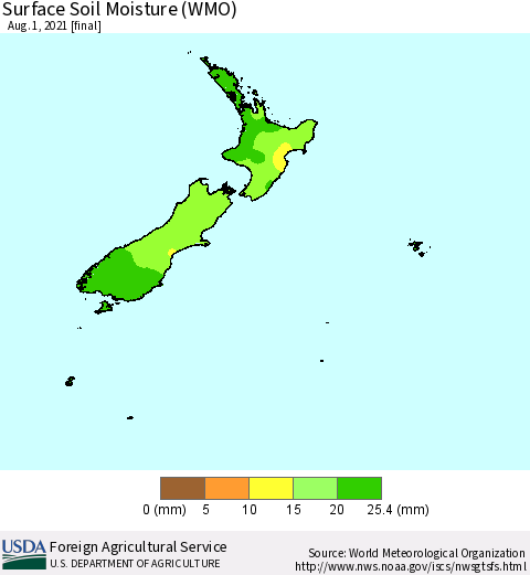 New Zealand Surface Soil Moisture (WMO) Thematic Map For 7/26/2021 - 8/1/2021