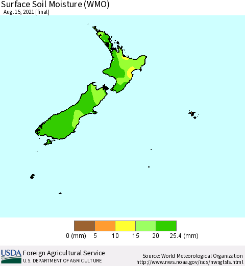 New Zealand Surface Soil Moisture (WMO) Thematic Map For 8/9/2021 - 8/15/2021