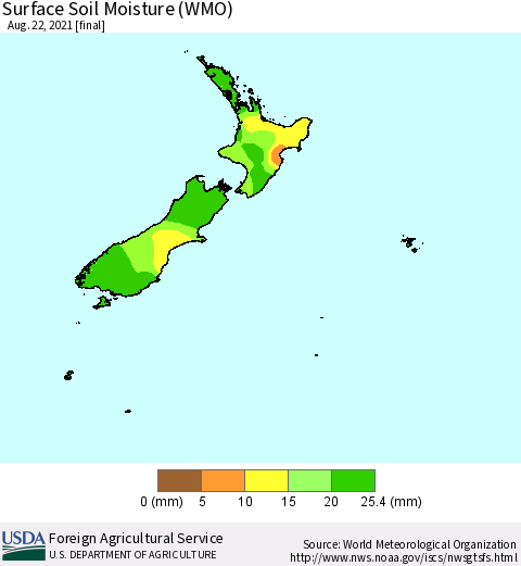 New Zealand Surface Soil Moisture (WMO) Thematic Map For 8/16/2021 - 8/22/2021