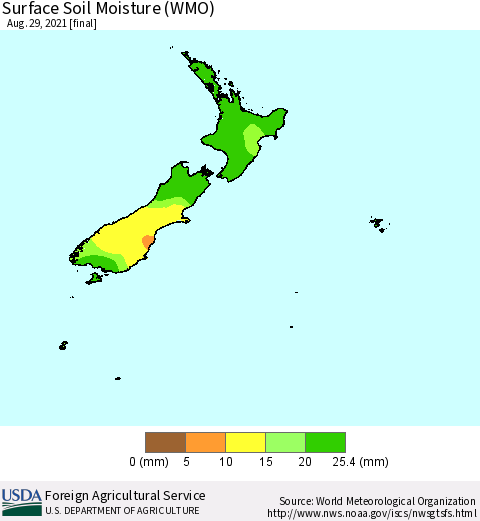 New Zealand Surface Soil Moisture (WMO) Thematic Map For 8/23/2021 - 8/29/2021
