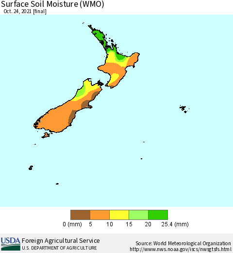 New Zealand Surface Soil Moisture (WMO) Thematic Map For 10/18/2021 - 10/24/2021