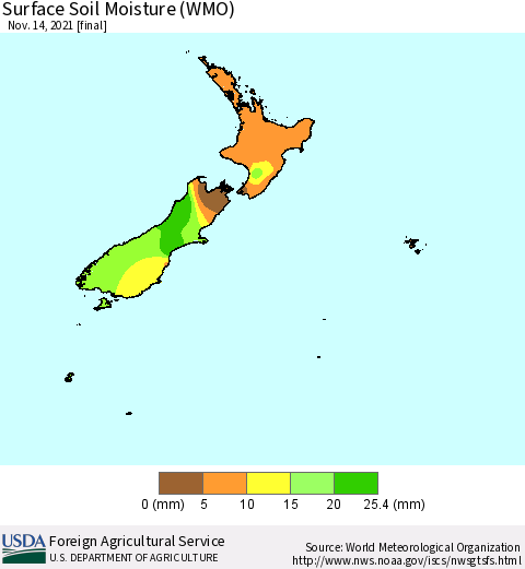 New Zealand Surface Soil Moisture (WMO) Thematic Map For 11/8/2021 - 11/14/2021
