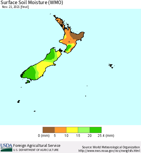 New Zealand Surface Soil Moisture (WMO) Thematic Map For 11/15/2021 - 11/21/2021