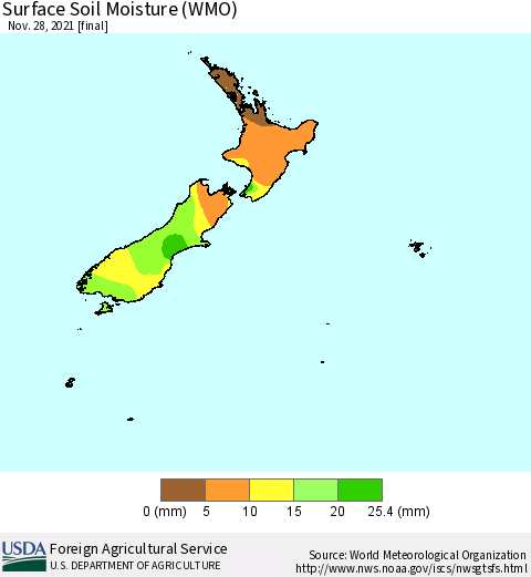 New Zealand Surface Soil Moisture (WMO) Thematic Map For 11/22/2021 - 11/28/2021