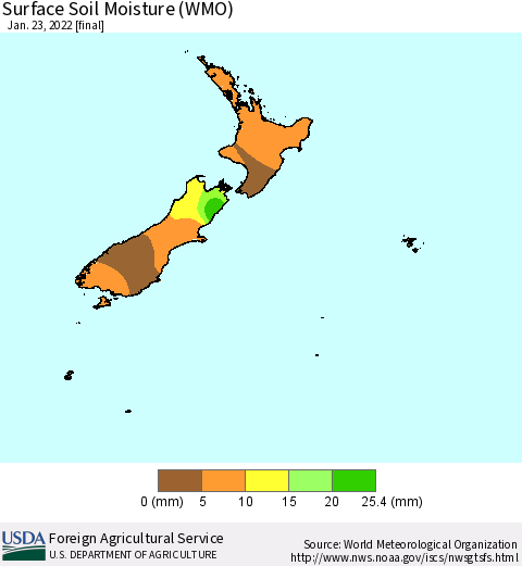 New Zealand Surface Soil Moisture (WMO) Thematic Map For 1/17/2022 - 1/23/2022