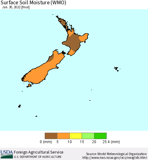 New Zealand Surface Soil Moisture (WMO) Thematic Map For 1/24/2022 - 1/30/2022