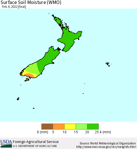 New Zealand Surface Soil Moisture (WMO) Thematic Map For 1/31/2022 - 2/6/2022