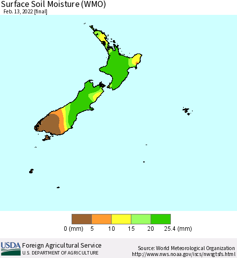 New Zealand Surface Soil Moisture (WMO) Thematic Map For 2/7/2022 - 2/13/2022