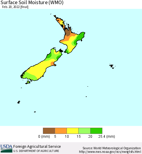 New Zealand Surface Soil Moisture (WMO) Thematic Map For 2/14/2022 - 2/20/2022