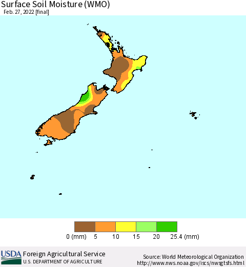 New Zealand Surface Soil Moisture (WMO) Thematic Map For 2/21/2022 - 2/27/2022