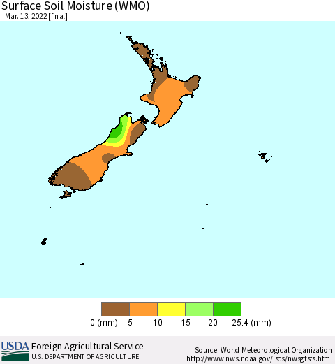 New Zealand Surface Soil Moisture (WMO) Thematic Map For 3/7/2022 - 3/13/2022