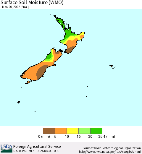 New Zealand Surface Soil Moisture (WMO) Thematic Map For 3/14/2022 - 3/20/2022