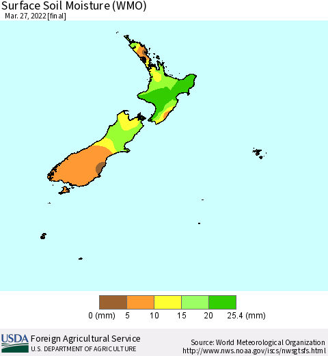 New Zealand Surface Soil Moisture (WMO) Thematic Map For 3/21/2022 - 3/27/2022