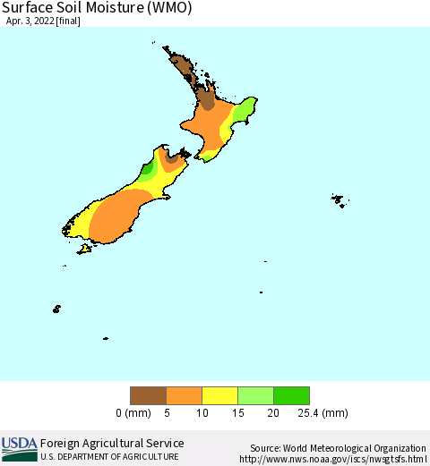 New Zealand Surface Soil Moisture (WMO) Thematic Map For 3/28/2022 - 4/3/2022