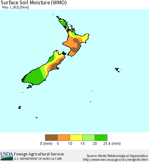 New Zealand Surface Soil Moisture (WMO) Thematic Map For 4/25/2022 - 5/1/2022