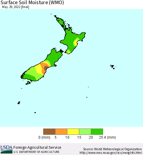 New Zealand Surface Soil Moisture (WMO) Thematic Map For 5/23/2022 - 5/29/2022