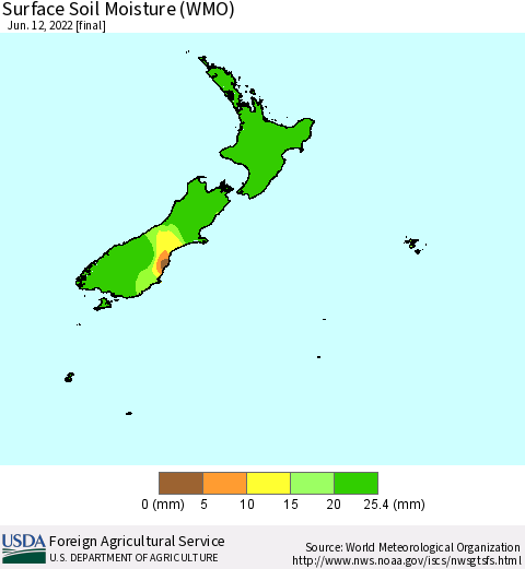 New Zealand Surface Soil Moisture (WMO) Thematic Map For 6/6/2022 - 6/12/2022