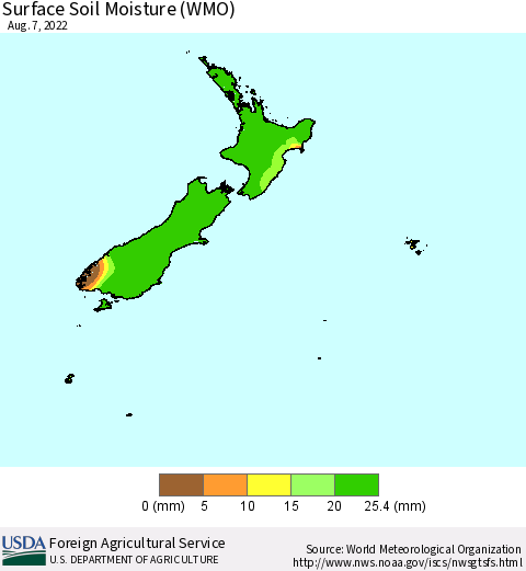 New Zealand Surface Soil Moisture (WMO) Thematic Map For 8/1/2022 - 8/7/2022