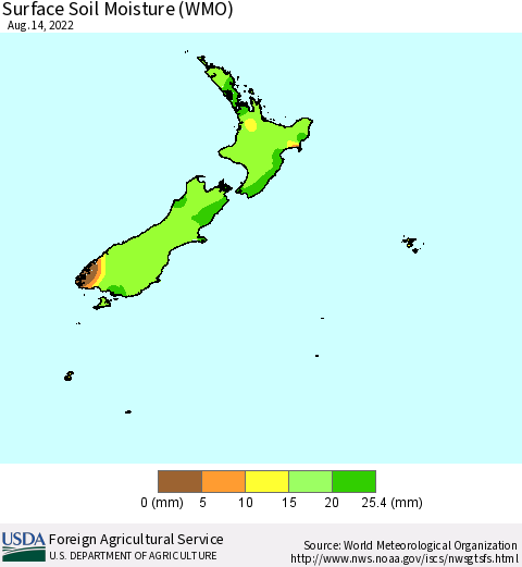 New Zealand Surface Soil Moisture (WMO) Thematic Map For 8/8/2022 - 8/14/2022