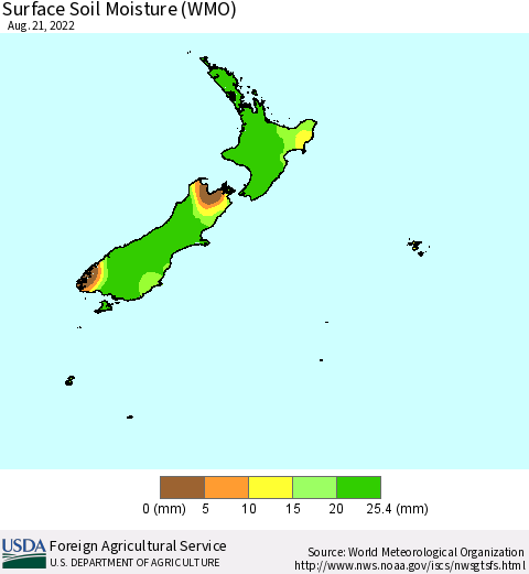 New Zealand Surface Soil Moisture (WMO) Thematic Map For 8/15/2022 - 8/21/2022