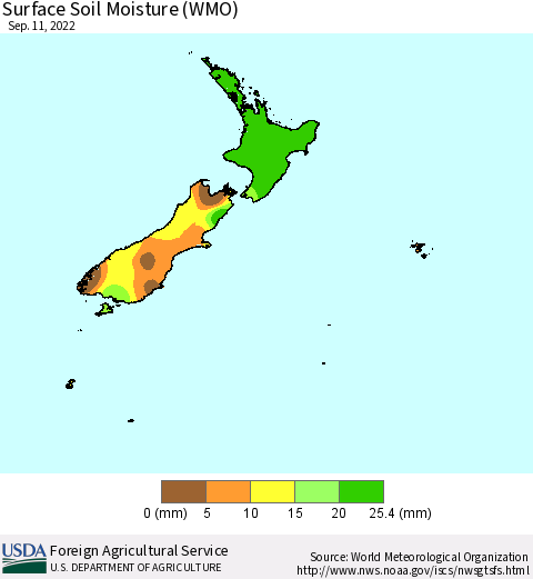 New Zealand Surface Soil Moisture (WMO) Thematic Map For 9/5/2022 - 9/11/2022