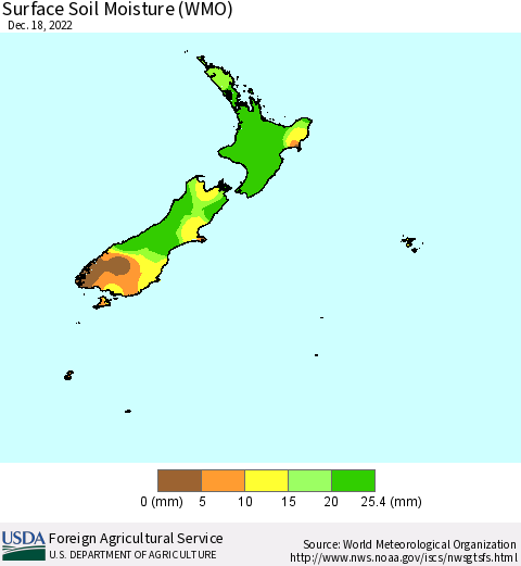 New Zealand Surface Soil Moisture (WMO) Thematic Map For 12/12/2022 - 12/18/2022