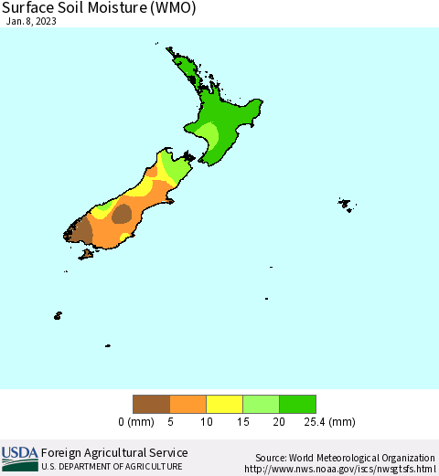 New Zealand Surface Soil Moisture (WMO) Thematic Map For 1/2/2023 - 1/8/2023
