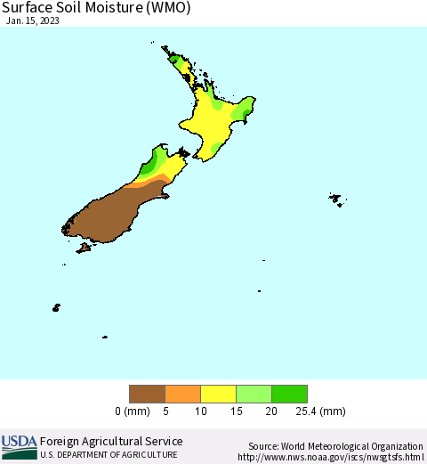 New Zealand Surface Soil Moisture (WMO) Thematic Map For 1/9/2023 - 1/15/2023