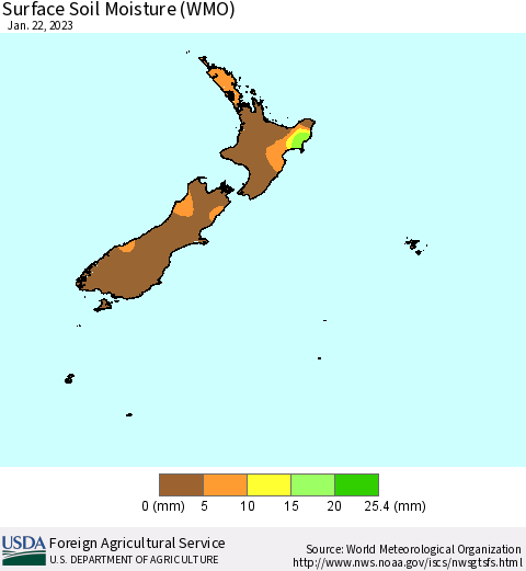 New Zealand Surface Soil Moisture (WMO) Thematic Map For 1/16/2023 - 1/22/2023