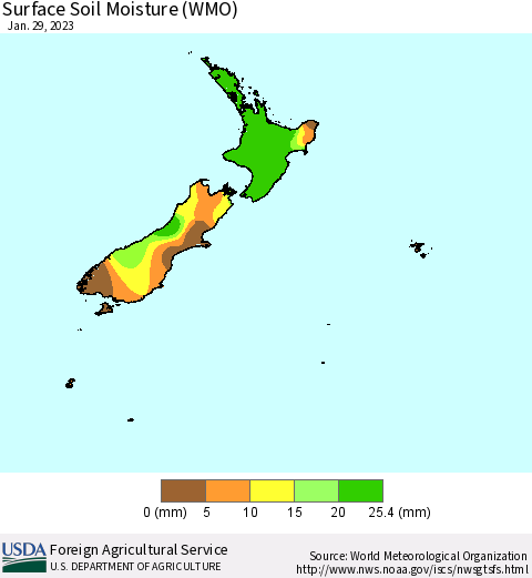 New Zealand Surface Soil Moisture (WMO) Thematic Map For 1/23/2023 - 1/29/2023