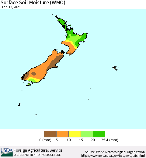 New Zealand Surface Soil Moisture (WMO) Thematic Map For 2/6/2023 - 2/12/2023
