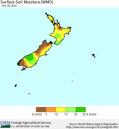 New Zealand Surface Soil Moisture (WMO) Thematic Map For 2/13/2023 - 2/19/2023