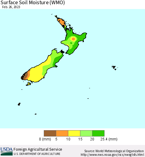 New Zealand Surface Soil Moisture (WMO) Thematic Map For 2/20/2023 - 2/26/2023