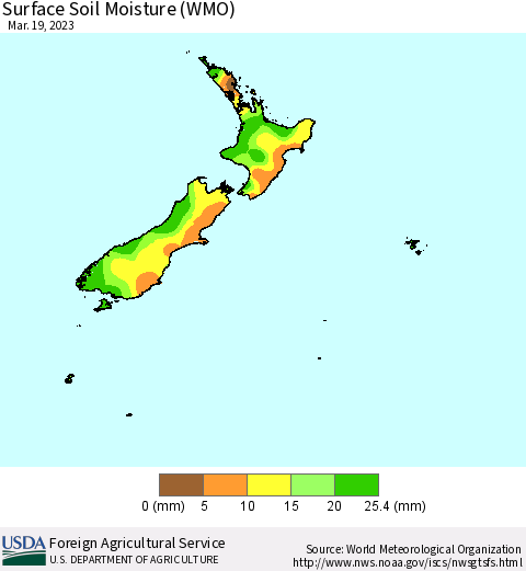 New Zealand Surface Soil Moisture (WMO) Thematic Map For 3/13/2023 - 3/19/2023