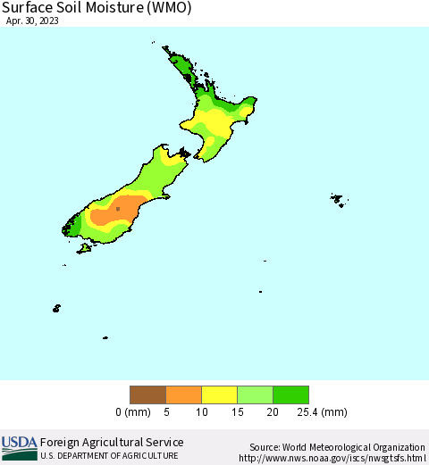 New Zealand Surface Soil Moisture (WMO) Thematic Map For 4/24/2023 - 4/30/2023