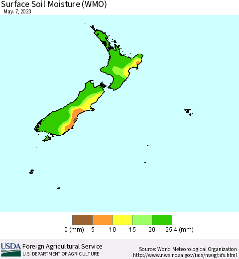 New Zealand Surface Soil Moisture (WMO) Thematic Map For 5/1/2023 - 5/7/2023