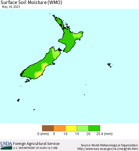 New Zealand Surface Soil Moisture (WMO) Thematic Map For 5/8/2023 - 5/14/2023