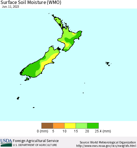 New Zealand Surface Soil Moisture (WMO) Thematic Map For 6/5/2023 - 6/11/2023