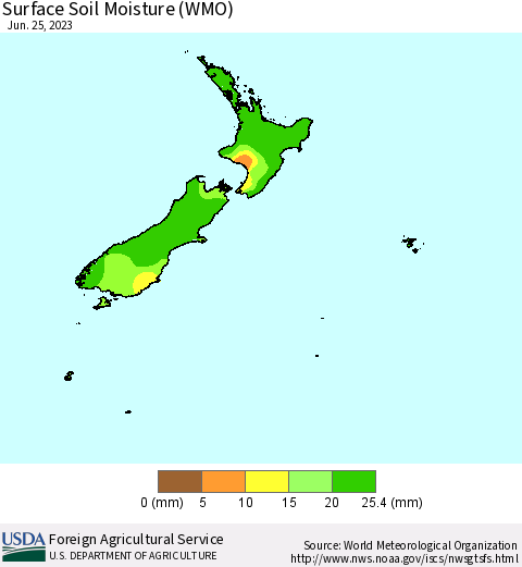 New Zealand Surface Soil Moisture (WMO) Thematic Map For 6/19/2023 - 6/25/2023