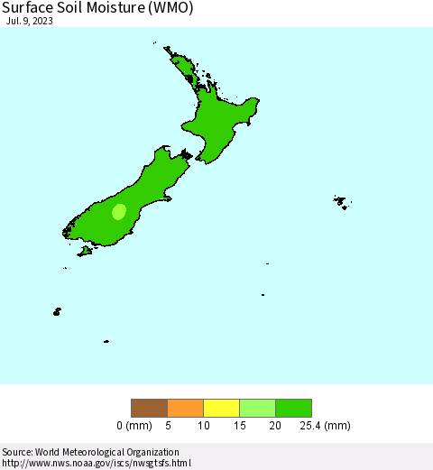 New Zealand Surface Soil Moisture (WMO) Thematic Map For 7/3/2023 - 7/9/2023