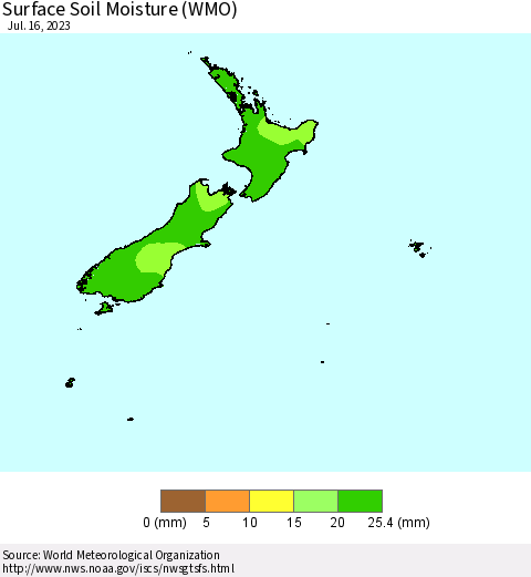 New Zealand Surface Soil Moisture (WMO) Thematic Map For 7/10/2023 - 7/16/2023