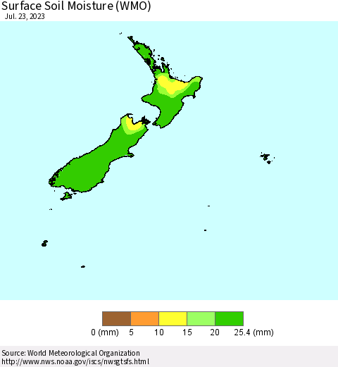 New Zealand Surface Soil Moisture (WMO) Thematic Map For 7/17/2023 - 7/23/2023